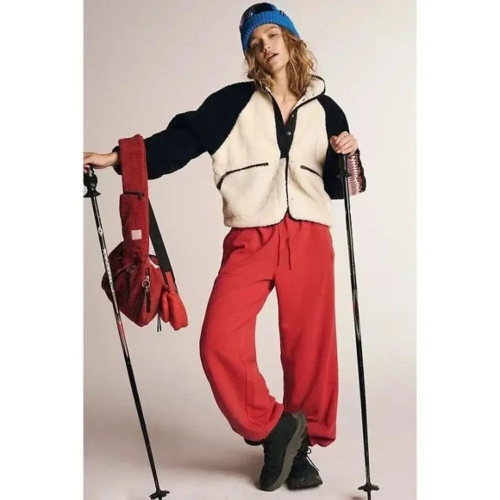 Free People Teddy Jacket in Cream, Black & Red with Zigzag Trim